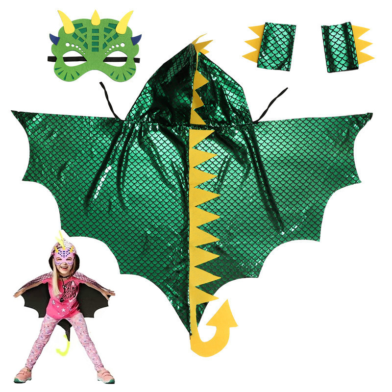 Kids Face Mask - Çocuk Yeşil Dinozor Pelerin Maske ile